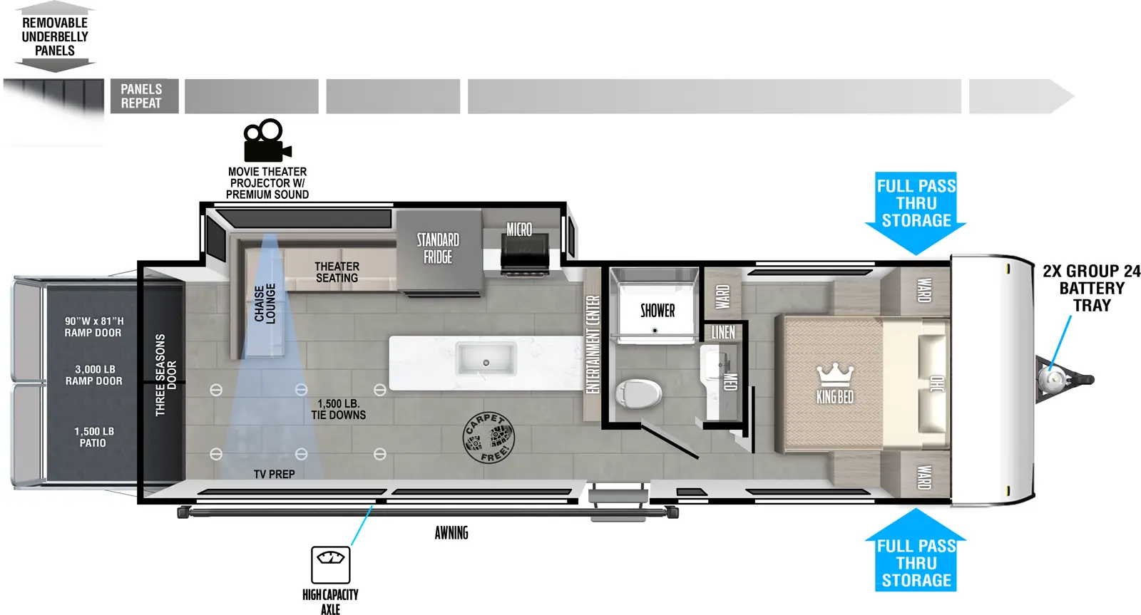 The Wildwood FSX 28VC floorplan is a toy hauler that has one entry and one slide out. Exterior features include: fiberglass exterior. Interiors features include: front bedroom.